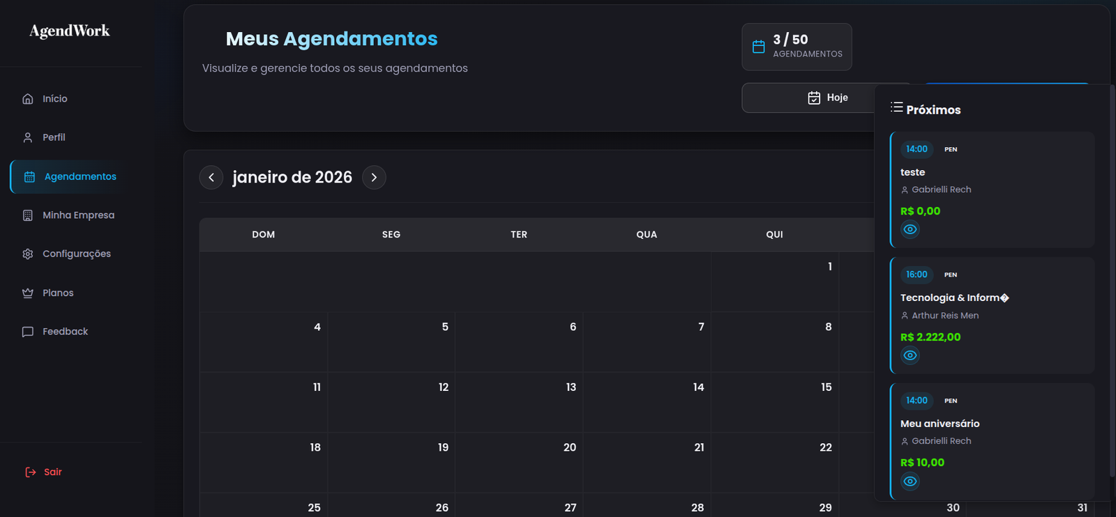 Calendário de Agendamentos
